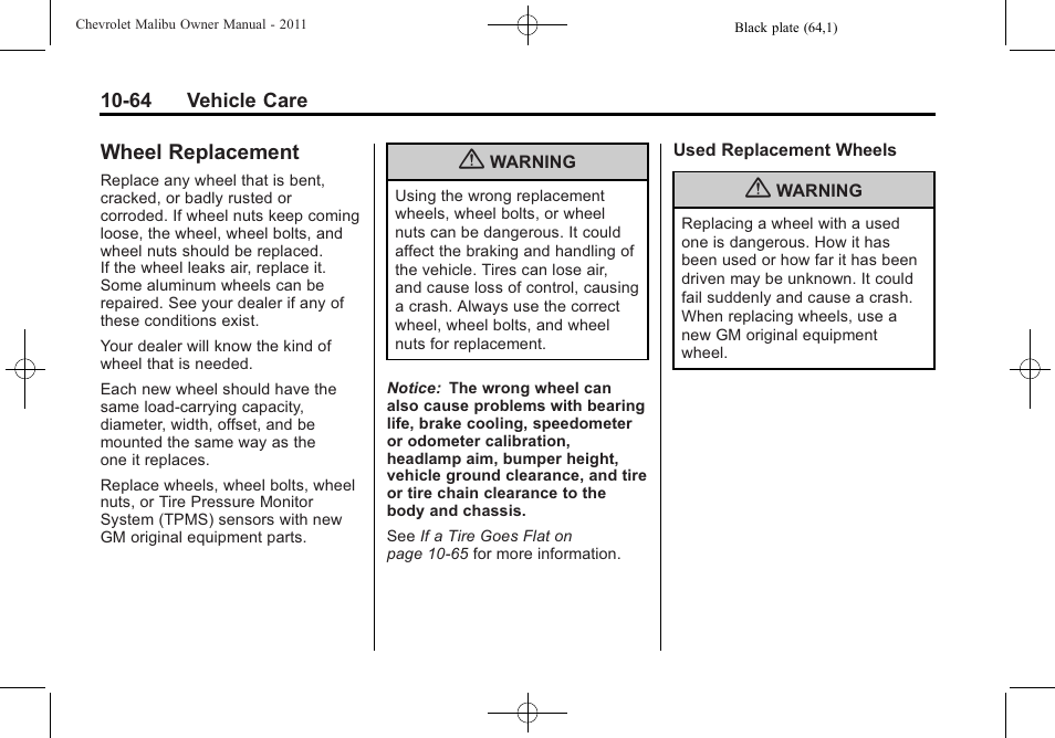 Wheel replacement, Wheel replacement -64 | CHEVROLET 2011 Malibu User Manual | Page 310 / 390