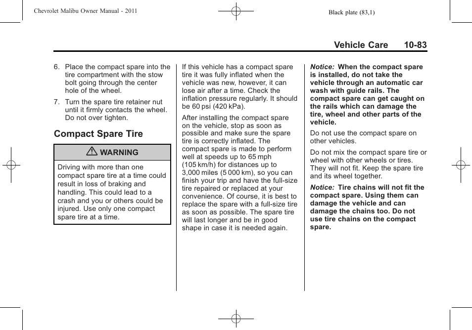 Compact spare tire, Compact spare tire -83 | CHEVROLET 2011 Malibu User Manual | Page 329 / 390