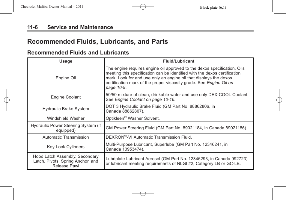 Recommended fluids, lubricants, and parts, Recommended fluids and lubricants, Recommended fluids | Lubricants, and parts -6, Recommended fluids and, Lubricants -6, 6 service and maintenance | CHEVROLET 2011 Malibu User Manual | Page 350 / 390