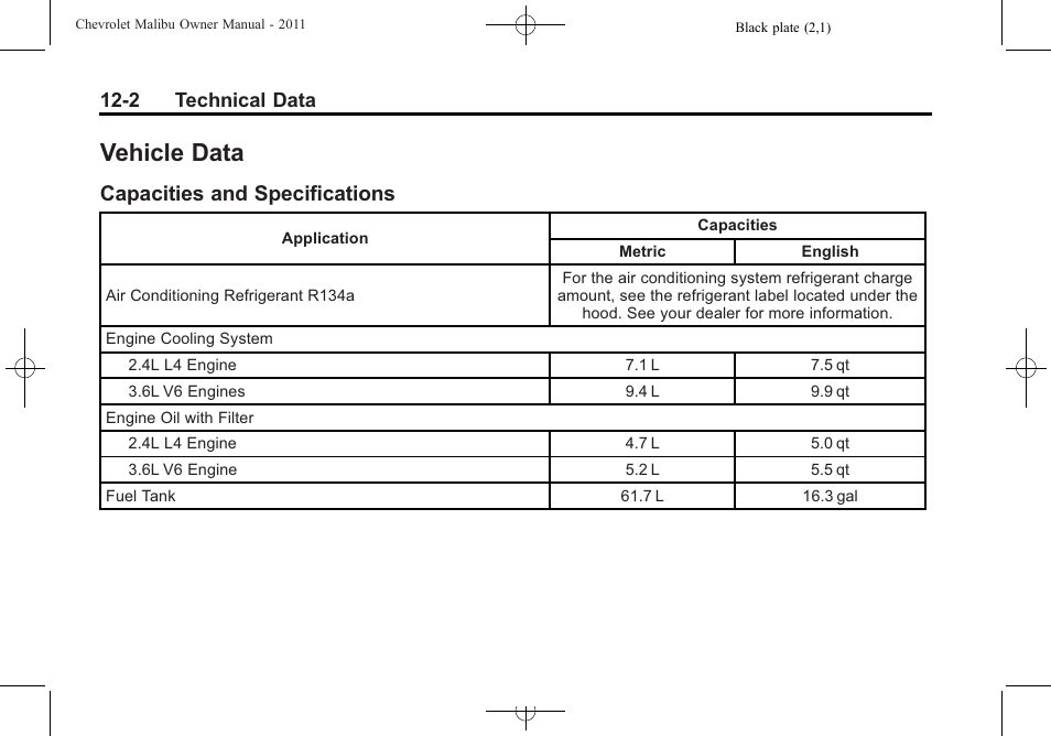 Vehicle data, Capacities and specifications, Vehicle data -2 | Capacities and, Specifications -2, 2 technical data | CHEVROLET 2011 Malibu User Manual | Page 356 / 390