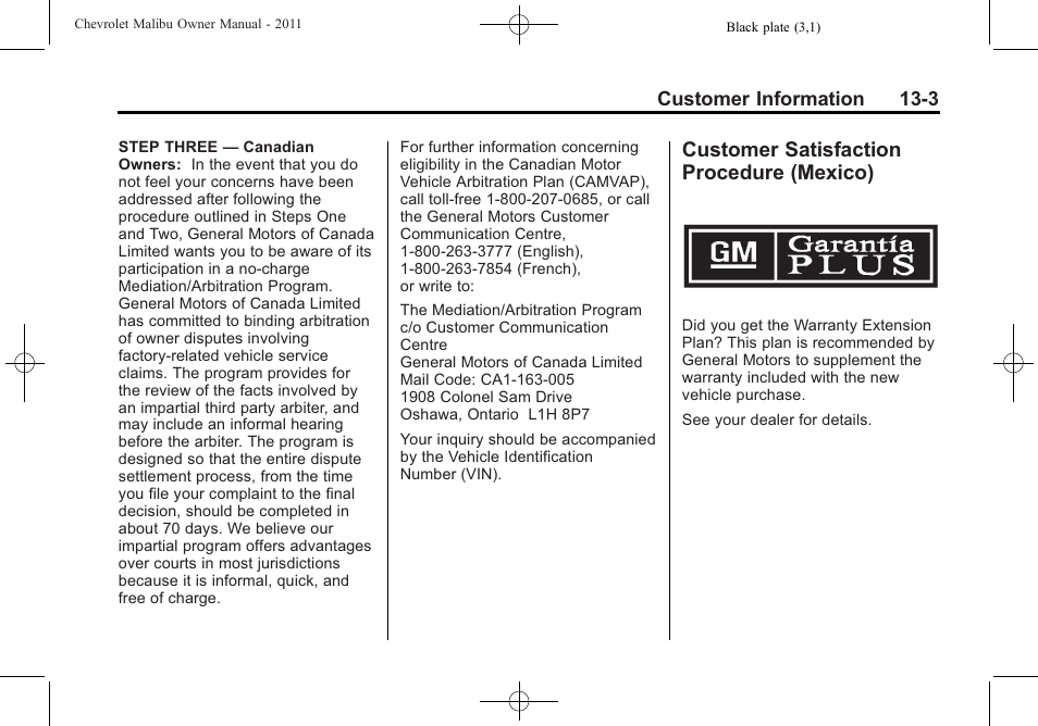 Customer satisfaction procedure (mexico), Customer satisfaction, Procedure (mexico) -3 | CHEVROLET 2011 Malibu User Manual | Page 361 / 390