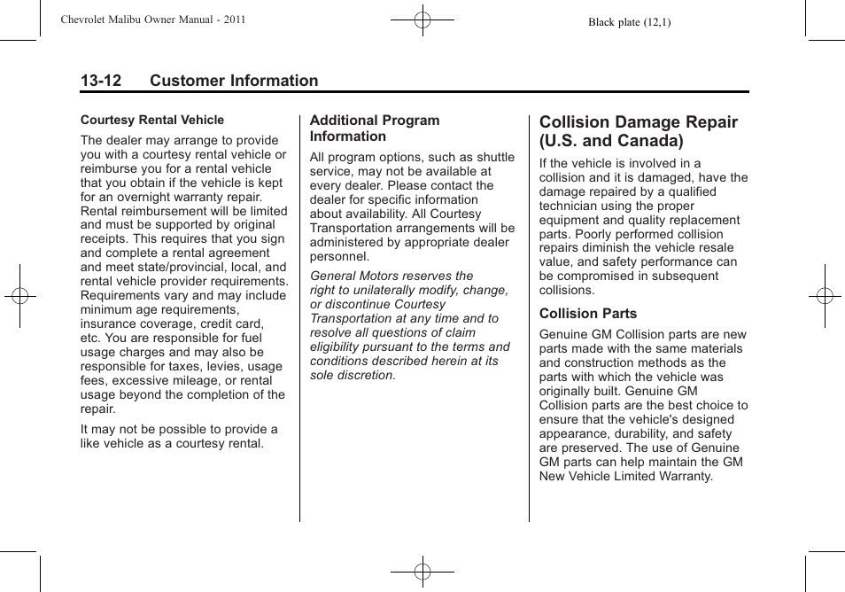 Collision damage repair (u.s. and canada), Collision damage repair, U.s. and canada) -12 | Procedure | CHEVROLET 2011 Malibu User Manual | Page 370 / 390