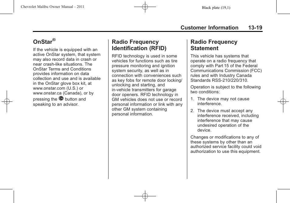 Onstar, Radio frequency identification (rfid), Radio frequency statement | Identification (rfid) -19, Radio frequency, Statement -19 | CHEVROLET 2011 Malibu User Manual | Page 377 / 390