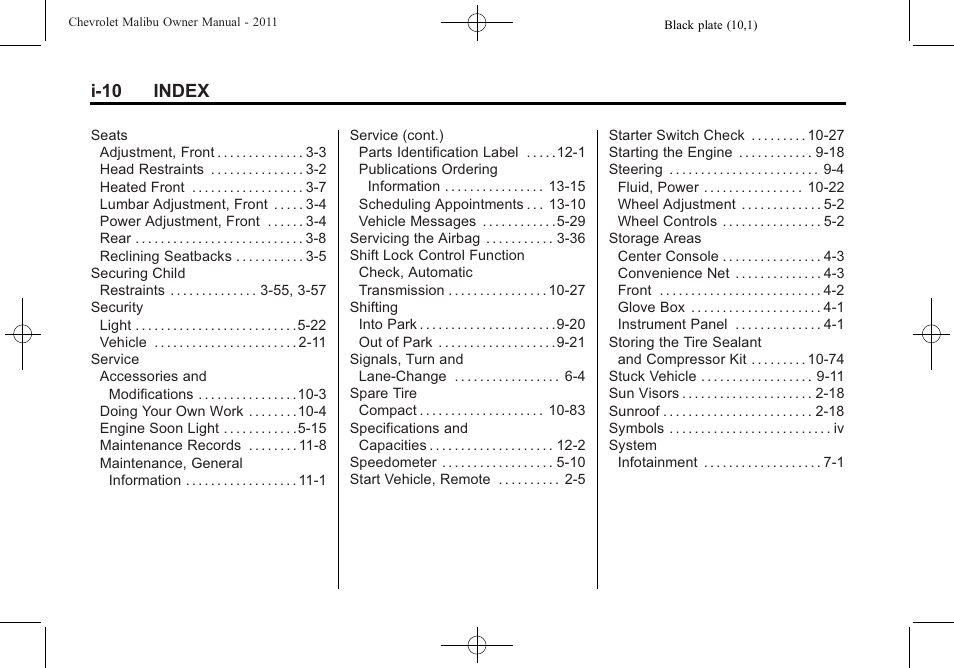 I-10 index | CHEVROLET 2011 Malibu User Manual | Page 388 / 390