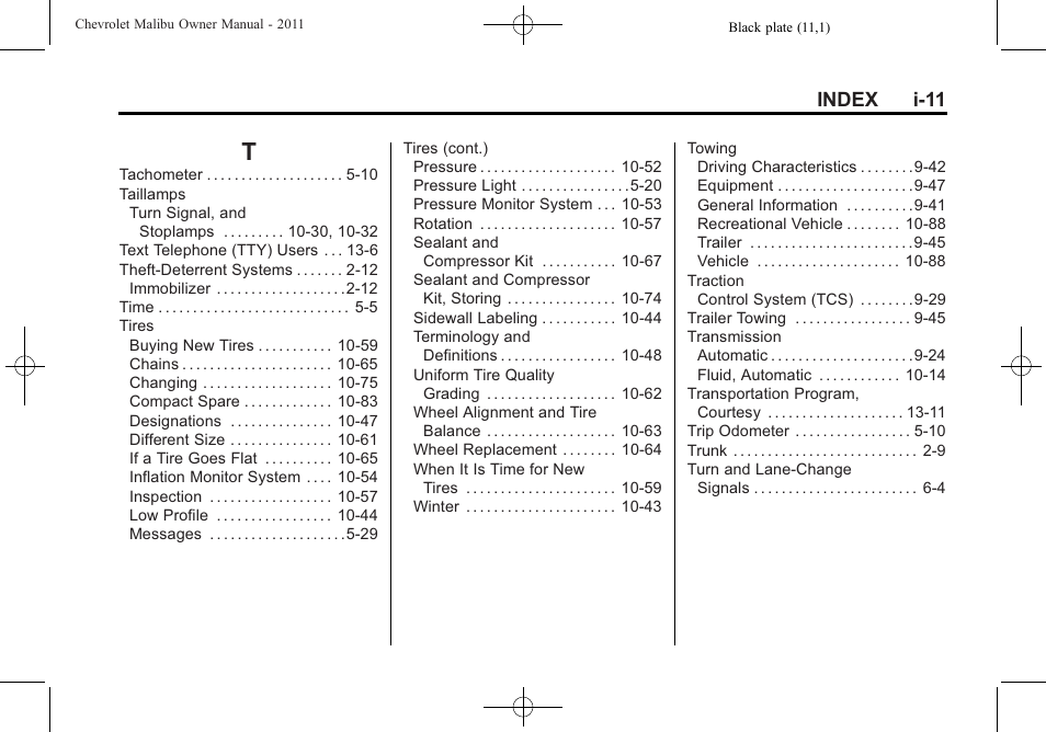 Index_t, Index i-11 | CHEVROLET 2011 Malibu User Manual | Page 389 / 390