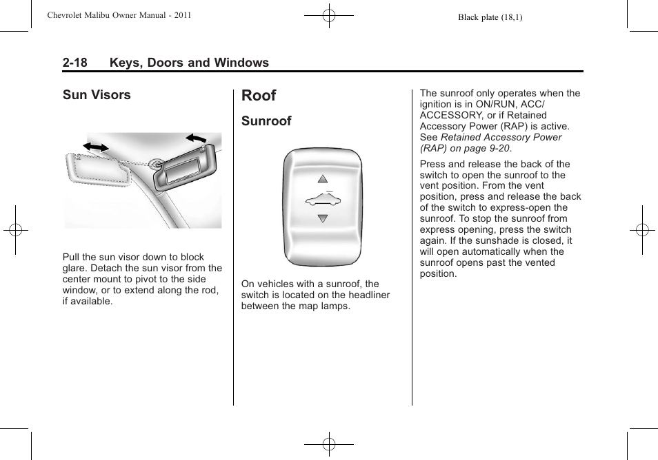 Sun visors, Roof, Sunroof | Roof -18, Sun visors -18, Sunroof -18 | CHEVROLET 2011 Malibu User Manual | Page 48 / 390