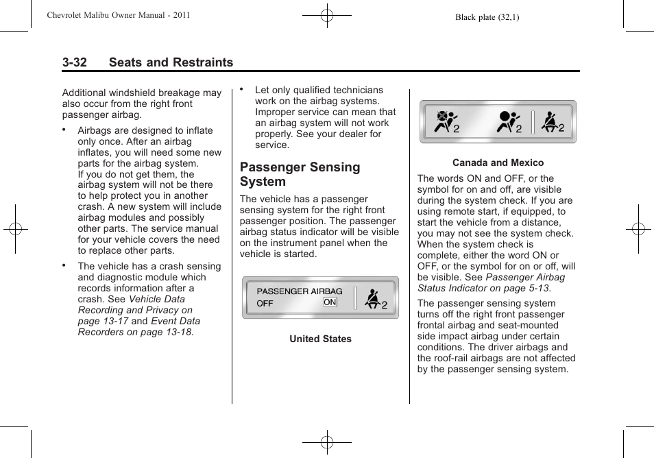 Passenger sensing system, Sensing, System -32 | 32 seats and restraints | CHEVROLET 2011 Malibu User Manual | Page 82 / 390