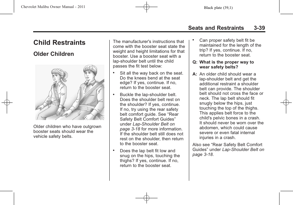 Child restraints, Older children, Child restraints -39 | Climate controls, Older children -39, Seats and restraints 3-39 | CHEVROLET 2011 Malibu User Manual | Page 89 / 390