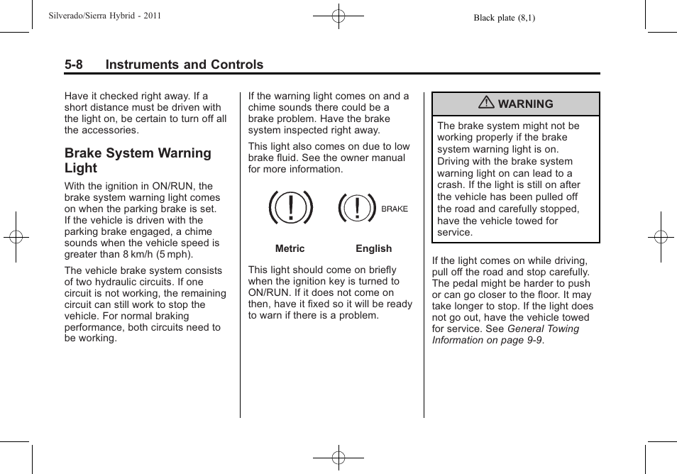 Brake system warning light, Brake system warning, Light -8 | CHEVROLET 2011 Silverado User Manual | Page 28 / 80