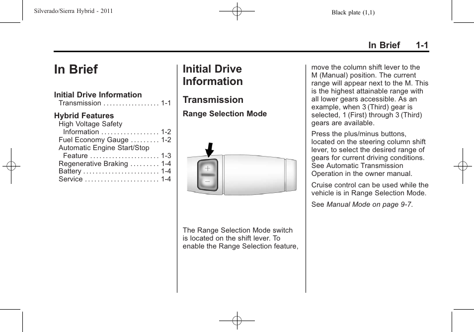 In brief, Initial drive information, Transmission | In brief -1, Initial drive information -1, Introduction, T ransmission | CHEVROLET 2011 Silverado User Manual | Page 3 / 80