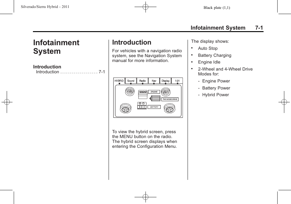 Infotainment system, Introduction, Infotainment system -1 | Infotainment system 7-1 | CHEVROLET 2011 Silverado User Manual | Page 33 / 80