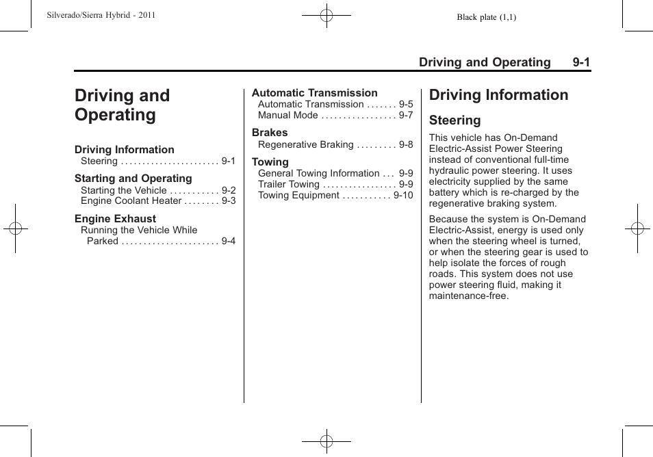 Driving and operating, Driving information, Steering | And operating -1, Driving information -1 | CHEVROLET 2011 Silverado User Manual | Page 37 / 80