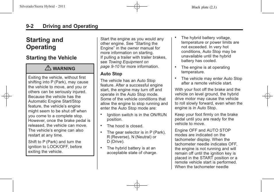 Starting and operating, Starting the vehicle, Starting and operating -2 | Technical, Starting the vehicle -2, Towing, 2 driving and operating | CHEVROLET 2011 Silverado User Manual | Page 38 / 80