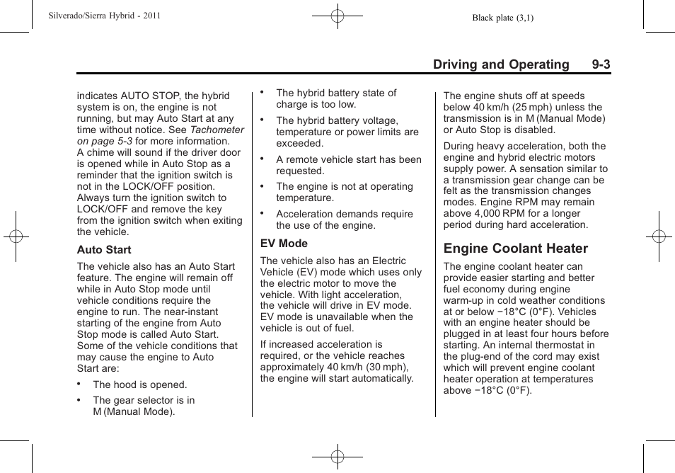 Engine coolant heater, Engine coolant heater -3, Driving and operating 9-3 | CHEVROLET 2011 Silverado User Manual | Page 39 / 80