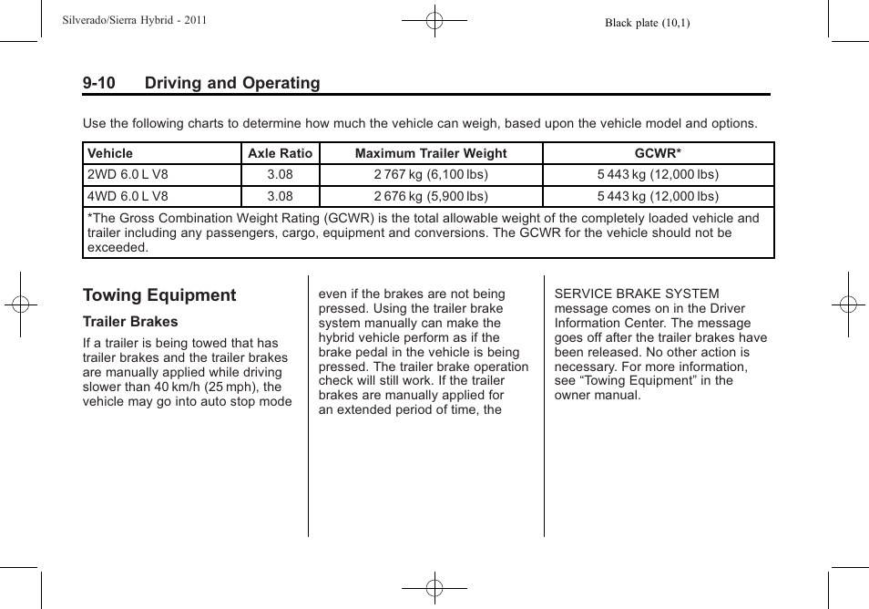 Towing equipment, Equipment -10, Battery | 10 driving and operating | CHEVROLET 2011 Silverado User Manual | Page 46 / 80