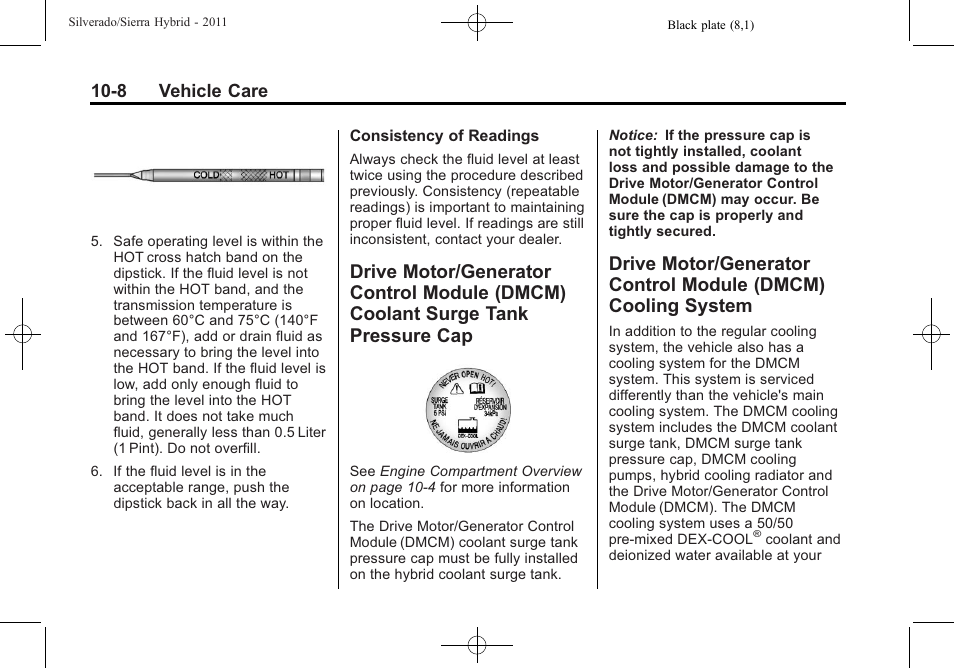 Drive motor/generator control, Module (dmcm) coolant surge tank pressure cap -8, Module (dmcm) cooling system -8 | 8 vehicle care | CHEVROLET 2011 Silverado User Manual | Page 54 / 80