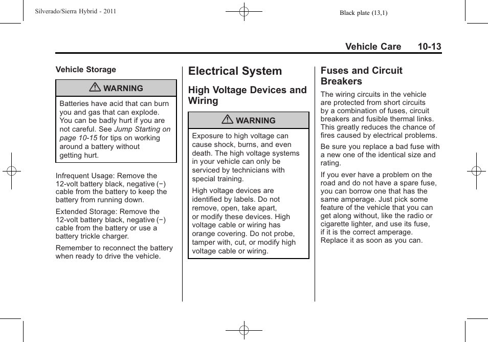 Electrical system, High voltage devices and wiring, Fuses and circuit breakers | Electrical system -13, High voltage devices and, Wiring -13, Fuses and circuit | CHEVROLET 2011 Silverado User Manual | Page 59 / 80