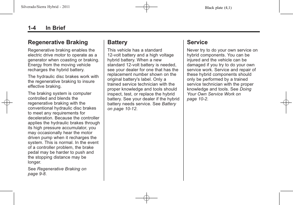 Regenerative braking, Battery, Service | Regenerative braking -4 battery -4 service -4 | CHEVROLET 2011 Silverado User Manual | Page 6 / 80