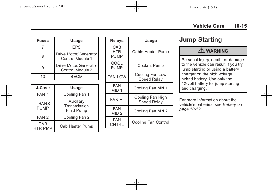 Jump starting, Jump starting -15, Vehicle care 10-15 | CHEVROLET 2011 Silverado User Manual | Page 61 / 80