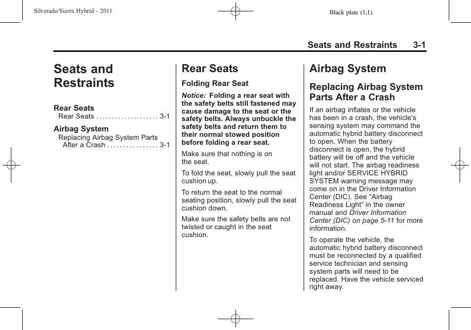 Seats and restraints, Rear seats, Airbag system | Replacing airbag system parts after a crash, Seats and restraints -1, Rear seats -1 airbag system -1, Driving | CHEVROLET 2011 Silverado User Manual | Page 7 / 80