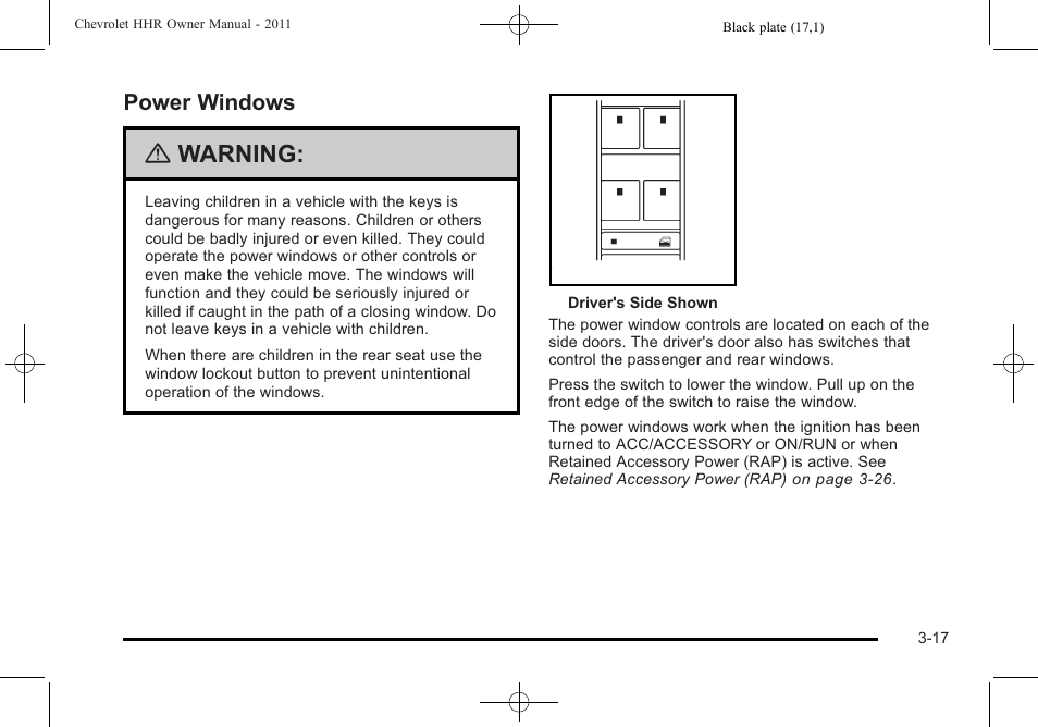 Power windows, Power windows -17, Warning | CHEVROLET 2011 HHR User Manual | Page 129 / 444