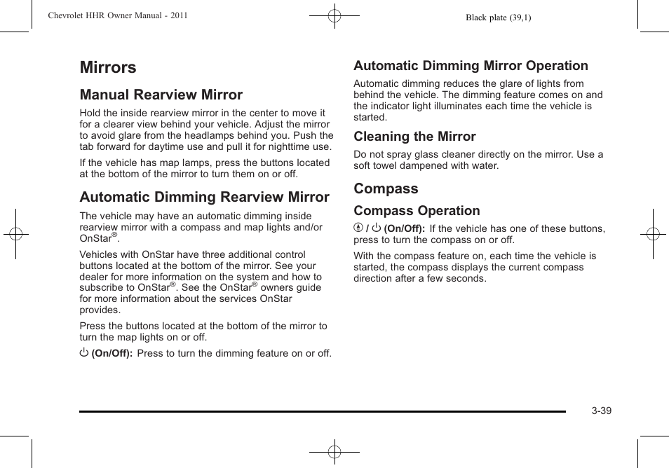 Mirrors, Manual rearview mirror, Automatic dimming rearview mirror | Compass, Mirrors -39, Rear, Automatic dimming mirror operation, Cleaning the mirror, Compass operation y | CHEVROLET 2011 HHR User Manual | Page 151 / 444