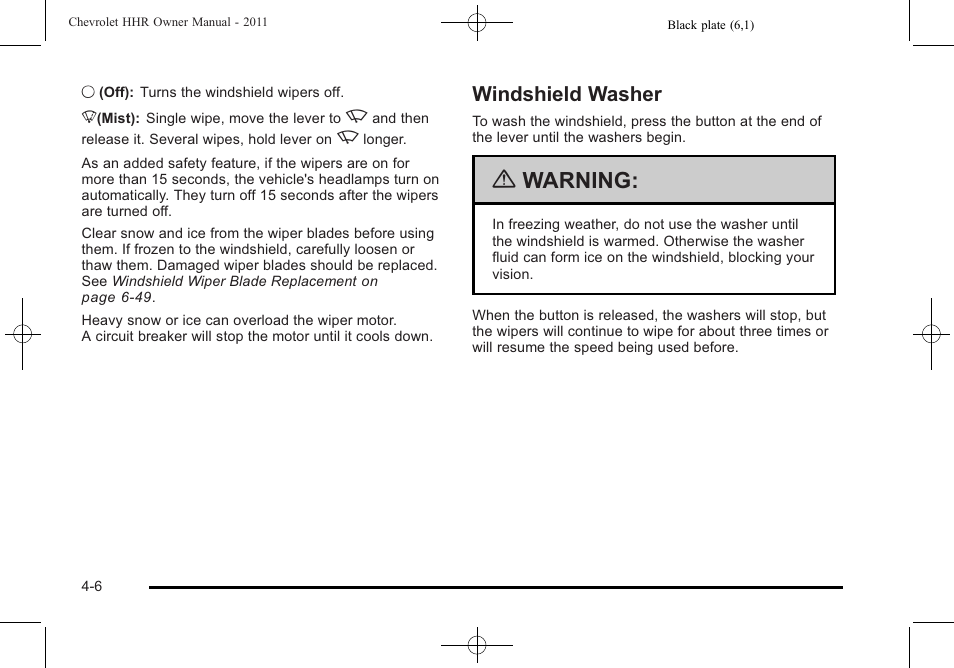 Windshield washer, Windshield washer -6, Warning | CHEVROLET 2011 HHR User Manual | Page 172 / 444