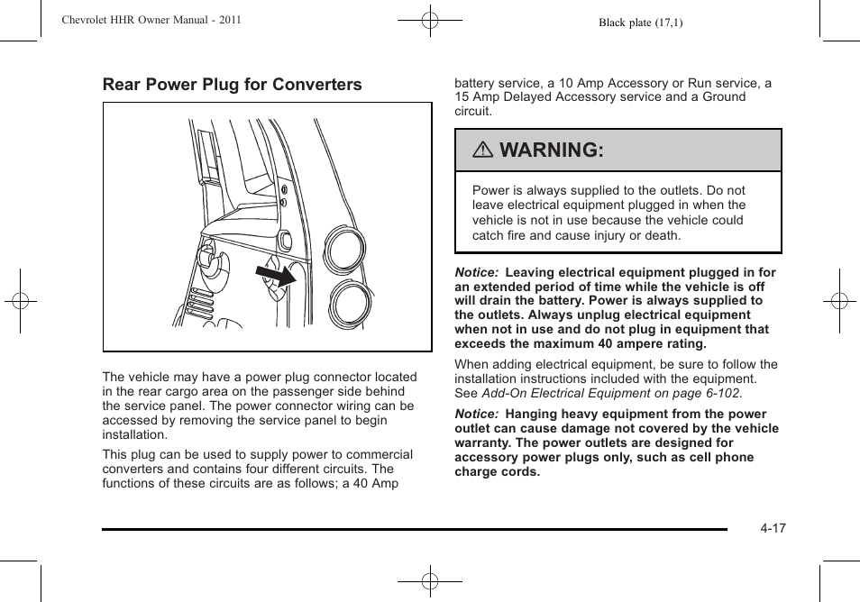 Warning, Rear power plug for converters | CHEVROLET 2011 HHR User Manual | Page 183 / 444