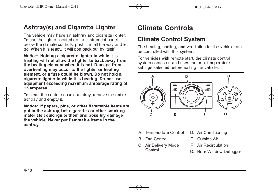 Ashtray(s) and cigarette lighter, Climate controls, Climate control system | Climate controls -18, Ashtray(s) and cigarette lighter -18, Climate control system -18 | CHEVROLET 2011 HHR User Manual | Page 184 / 444