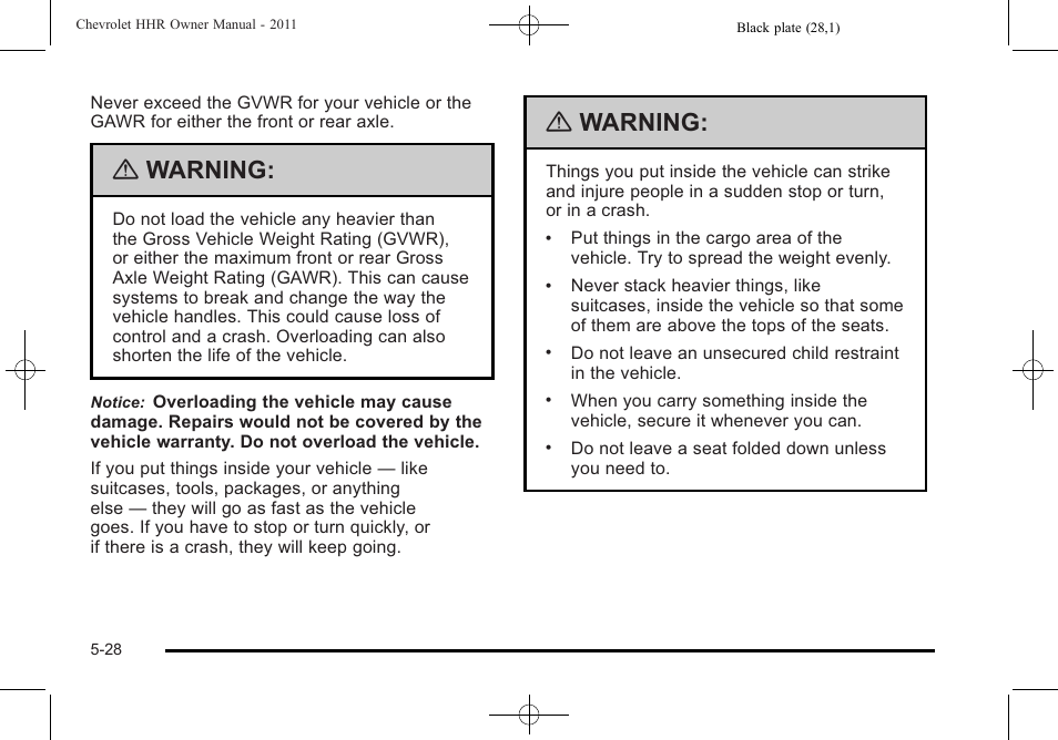 Warning | CHEVROLET 2011 HHR User Manual | Page 278 / 444