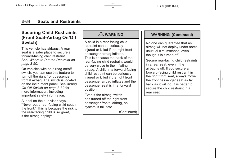 Securing child restraints, Front seat-airbag on/off switch) -64, Securing child | CHEVROLET 2011 Express User Manual | Page 112 / 424