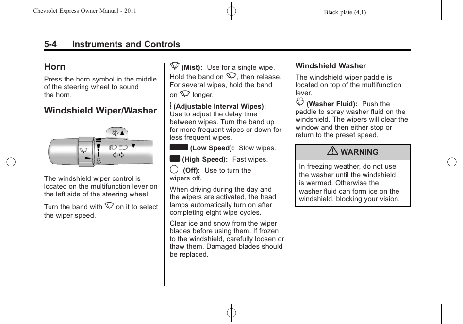 Horn, Windshield wiper/washer, Horn -4 windshield wiper/washer -4 | CHEVROLET 2011 Express User Manual | Page 122 / 424