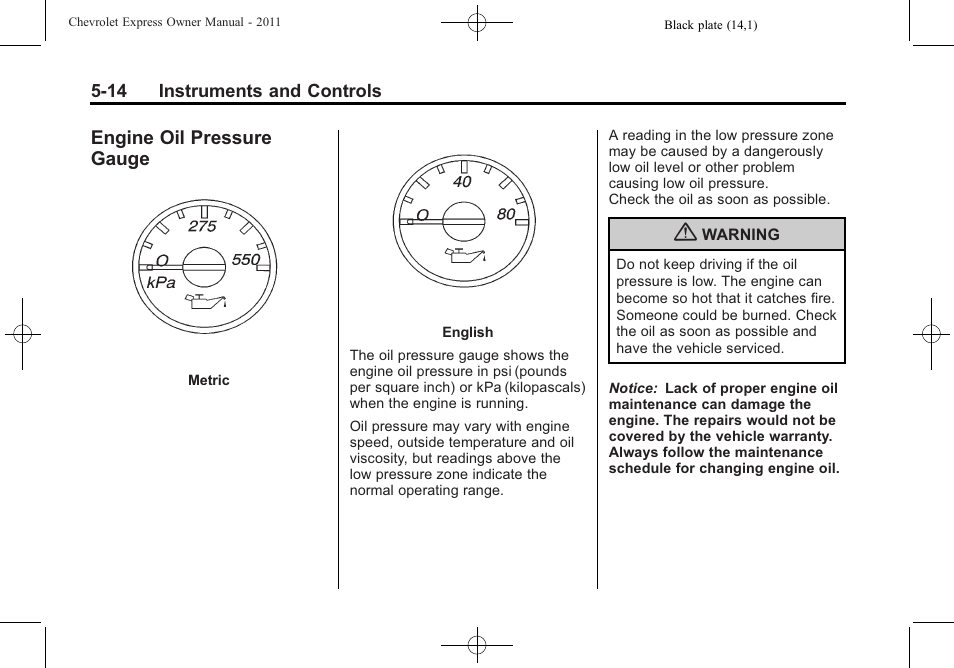 Engine oil pressure gauge, Engine oil pressure, Gauge -14 | CHEVROLET 2011 Express User Manual | Page 132 / 424