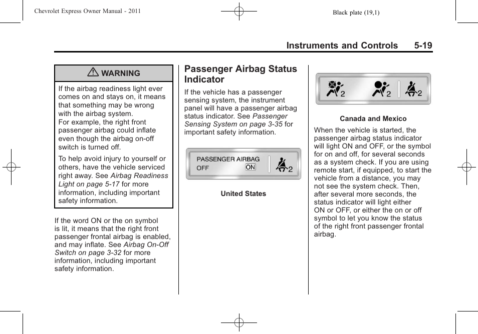 Passenger airbag status indicator, Passenger airbag status, Indicator -19 | CHEVROLET 2011 Express User Manual | Page 137 / 424