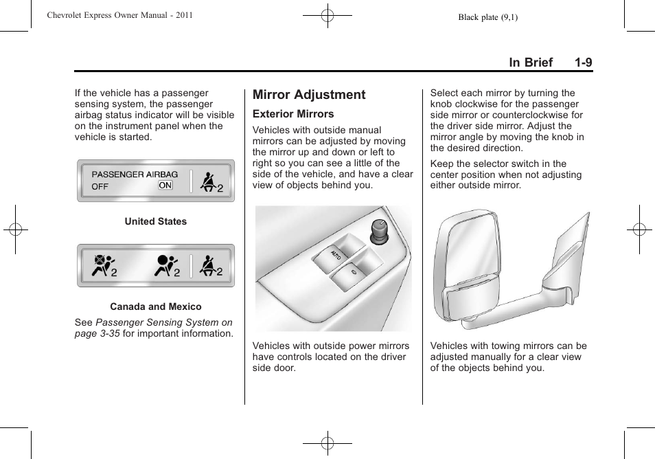 Mirror adjustment, Mirror adjustment -9 | CHEVROLET 2011 Express User Manual | Page 15 / 424