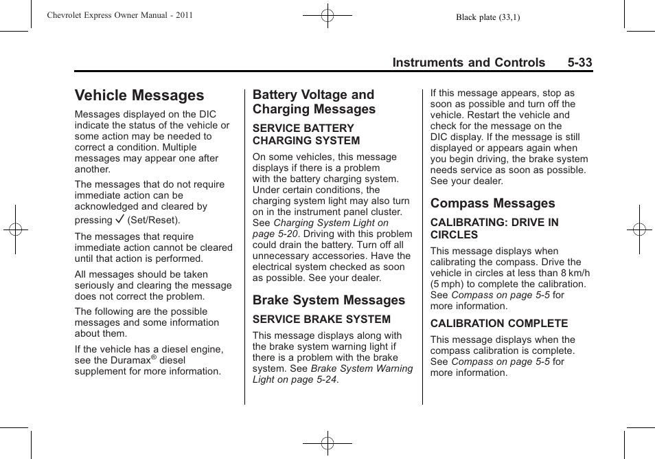 Vehicle messages, Battery voltage and charging messages, Brake system messages | Compass messages, Vehicle messages -33, Vehicle messages -33 battery voltage and charging, Messages -33, Brake system messages -33 compass messages -33 | CHEVROLET 2011 Express User Manual | Page 151 / 424