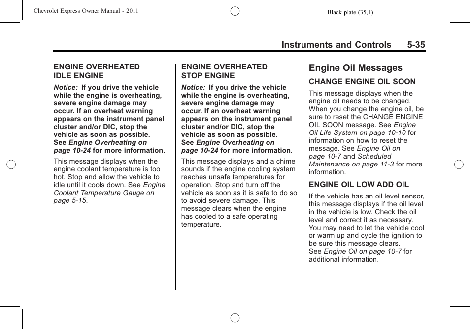 Engine oil messages, Engine oil messages -35 | CHEVROLET 2011 Express User Manual | Page 153 / 424