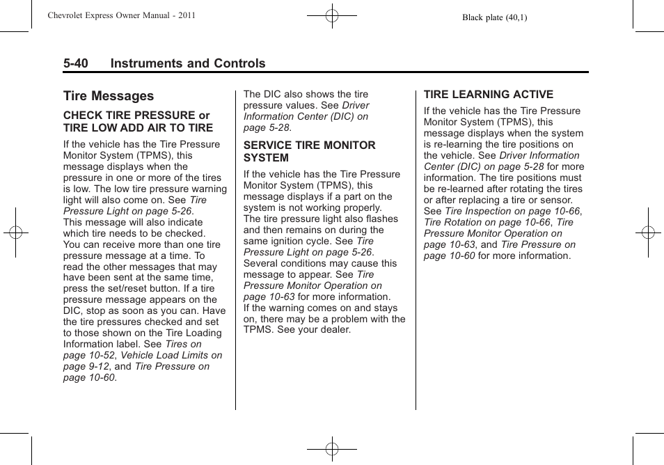 Tire messages, Tire messages -40 | CHEVROLET 2011 Express User Manual | Page 158 / 424