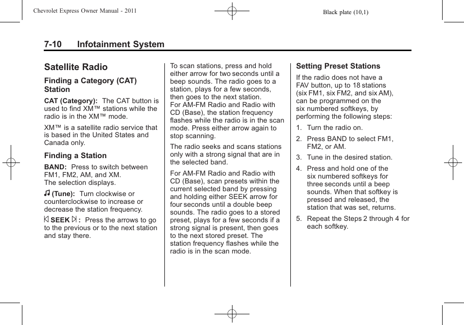 Satellite radio, Satellite radio -10 | CHEVROLET 2011 Express User Manual | Page 184 / 424