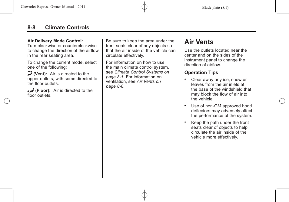 Air vents, Air vents -8, 8 climate controls | CHEVROLET 2011 Express User Manual | Page 214 / 424