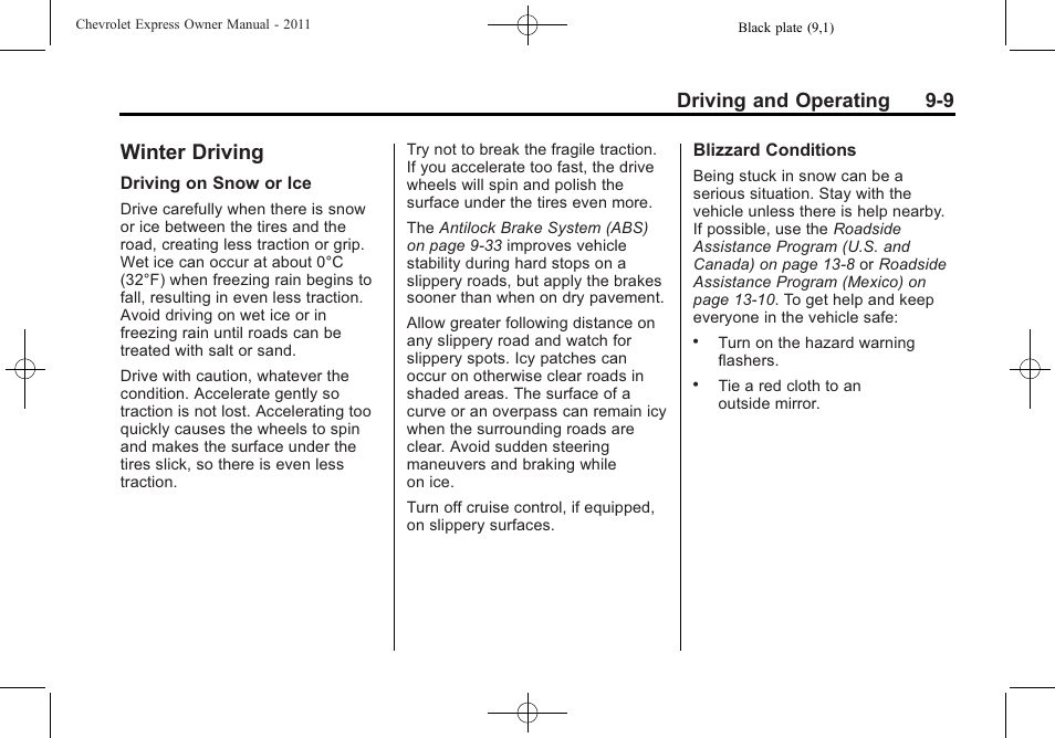 Winter driving, Winter driving -9, Driving and operating 9-9 | CHEVROLET 2011 Express User Manual | Page 223 / 424