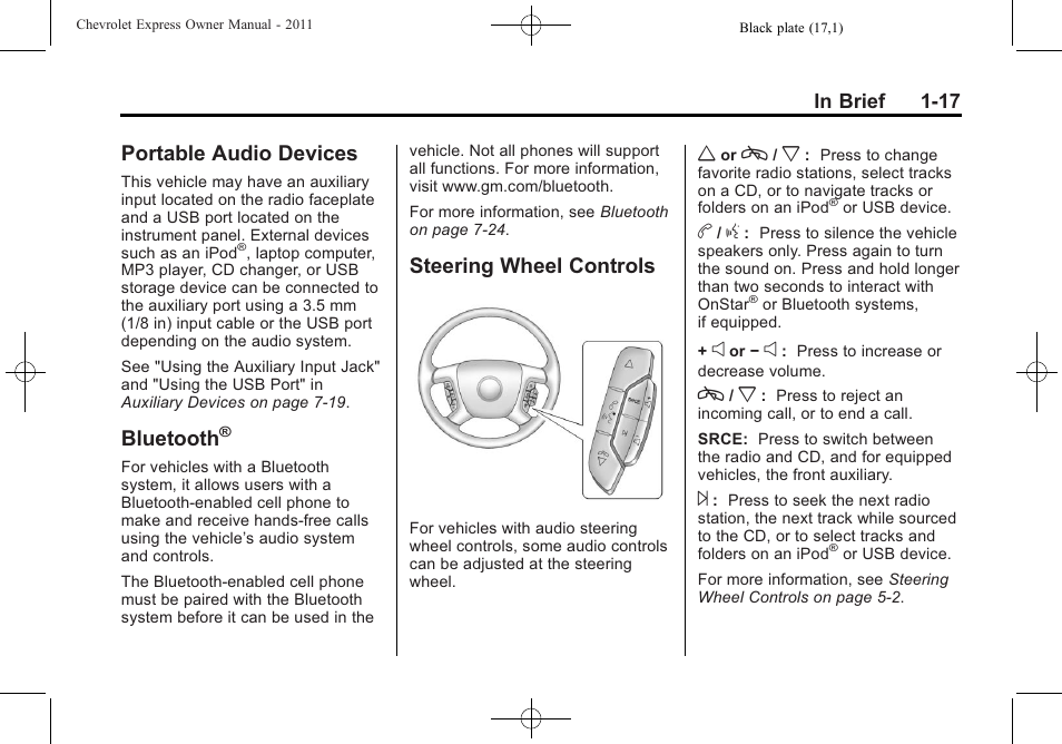 Portable audio devices, Bluetooth, Steering wheel controls | Audio devices -17 bluetooth, Steering wheel controls -17 | CHEVROLET 2011 Express User Manual | Page 23 / 424