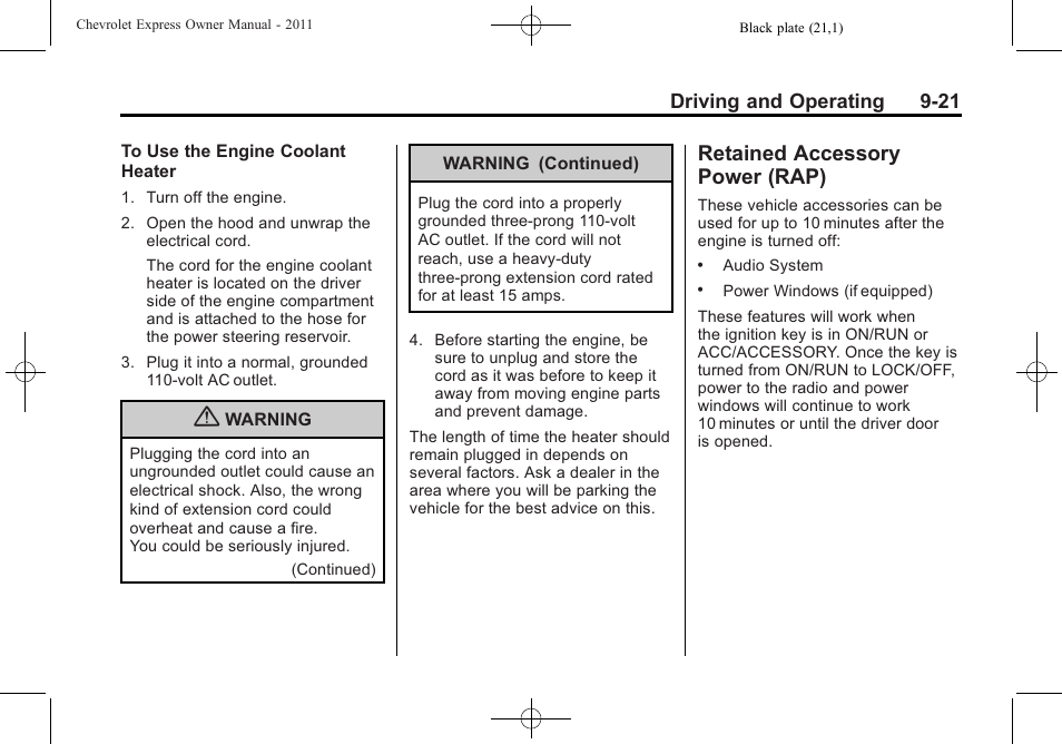 Retained accessory power (rap), Retained accessory, Power (rap) -21 | Driving and operating 9-21 | CHEVROLET 2011 Express User Manual | Page 235 / 424