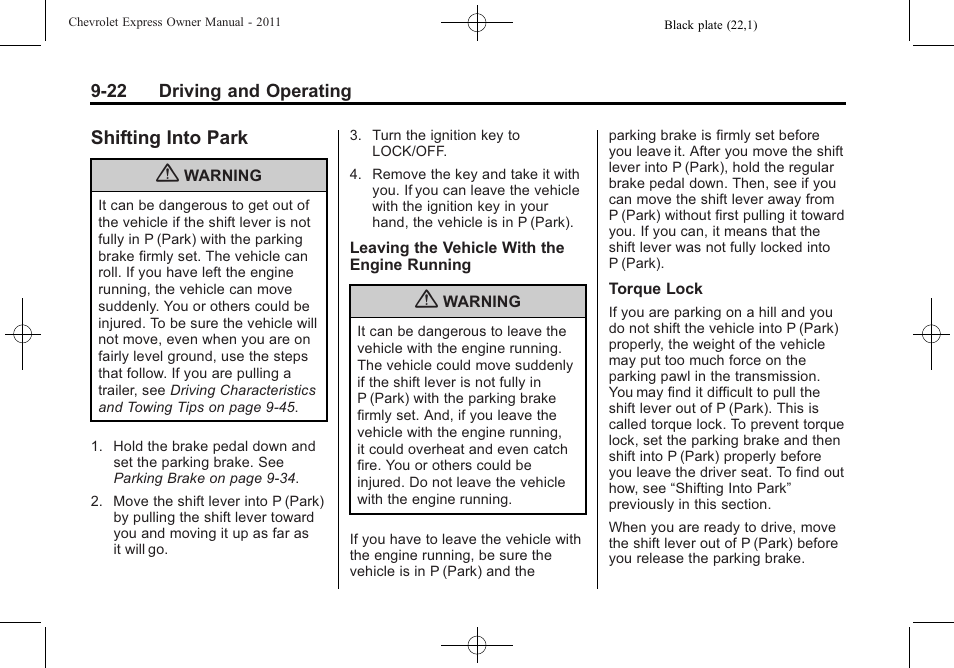 Shifting into park, Shifting into park -22, Cruise | CHEVROLET 2011 Express User Manual | Page 236 / 424