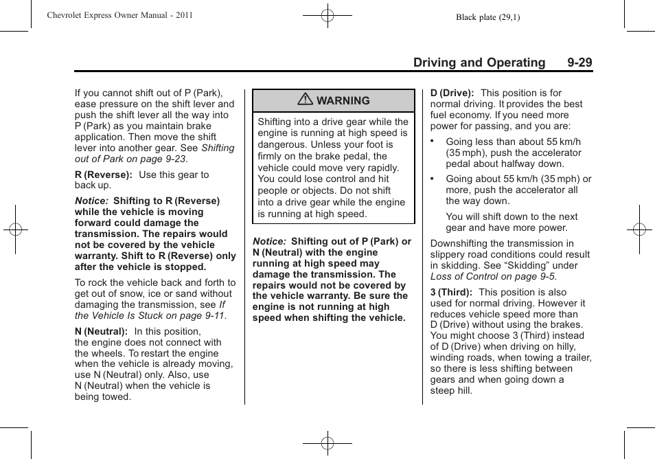 Driving and operating 9-29 | CHEVROLET 2011 Express User Manual | Page 243 / 424