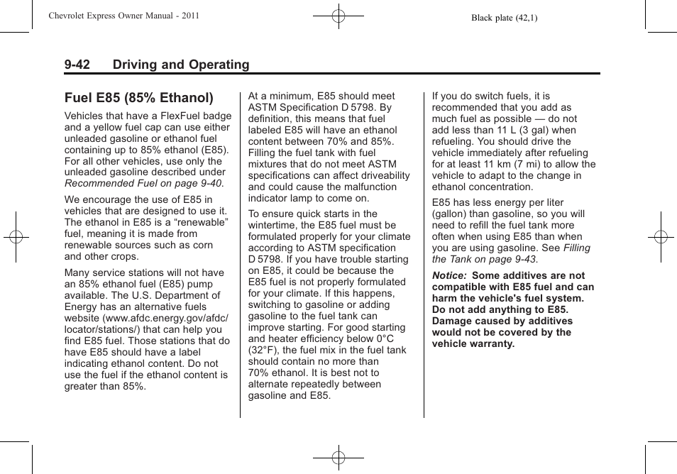 Fuel e85 (85% ethanol), Fuel e85 (85% ethanol) -42 | CHEVROLET 2011 Express User Manual | Page 256 / 424