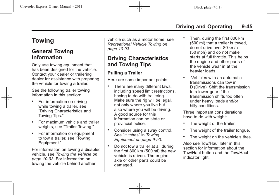 Towing, General towing information, Driving characteristics and towing tips | Towing -45, Service and maintenance -1, General towing, Information -45, Driving characteristics and, Towing tips -45, Driving and operating 9-45 | CHEVROLET 2011 Express User Manual | Page 259 / 424