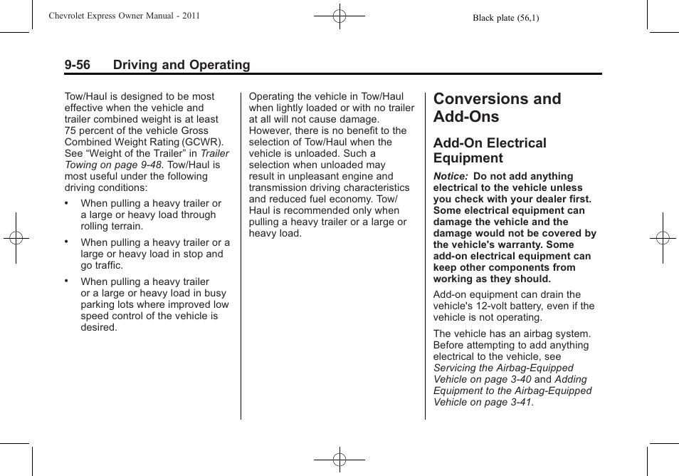 Conversions and add-ons, Add-on electrical equipment, Conversions and add-ons -56 | General, Electrical, Equipment -56, 56 driving and operating | CHEVROLET 2011 Express User Manual | Page 270 / 424