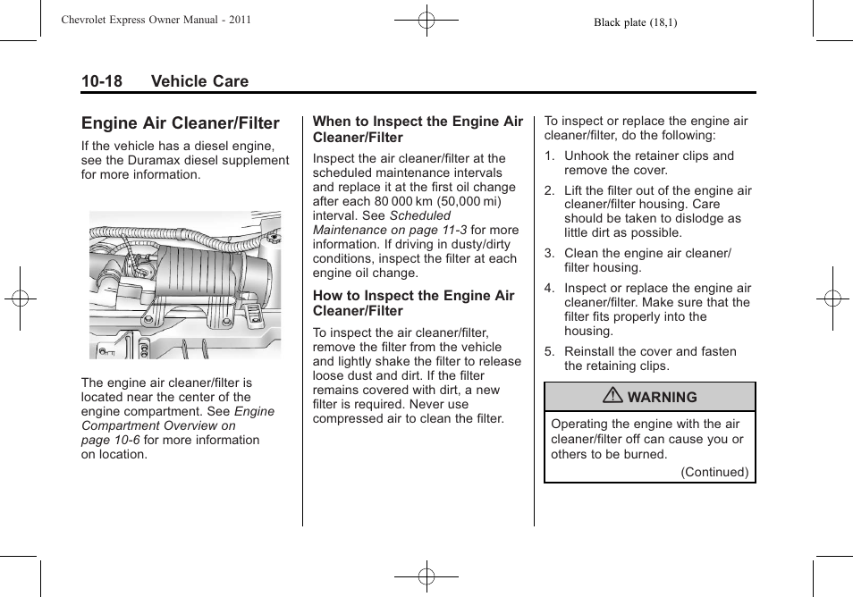 Engine air cleaner/filter, Engine air cleaner/filter -18, Engine air cleaner/filter on | CHEVROLET 2011 Express User Manual | Page 288 / 424