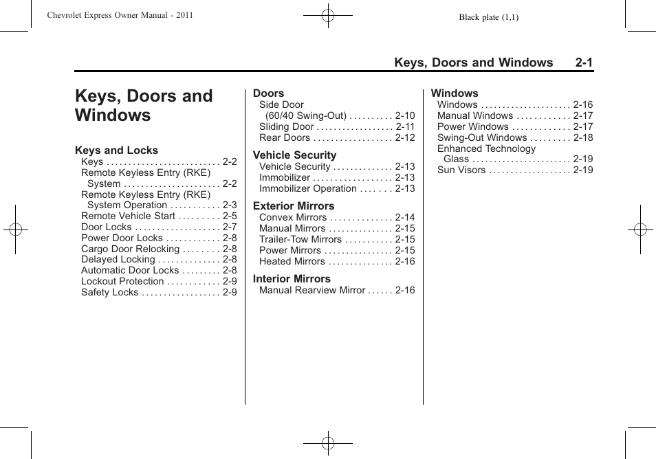 Keys, doors and windows, Keys, doors and windows -1 | CHEVROLET 2011 Express User Manual | Page 29 / 424